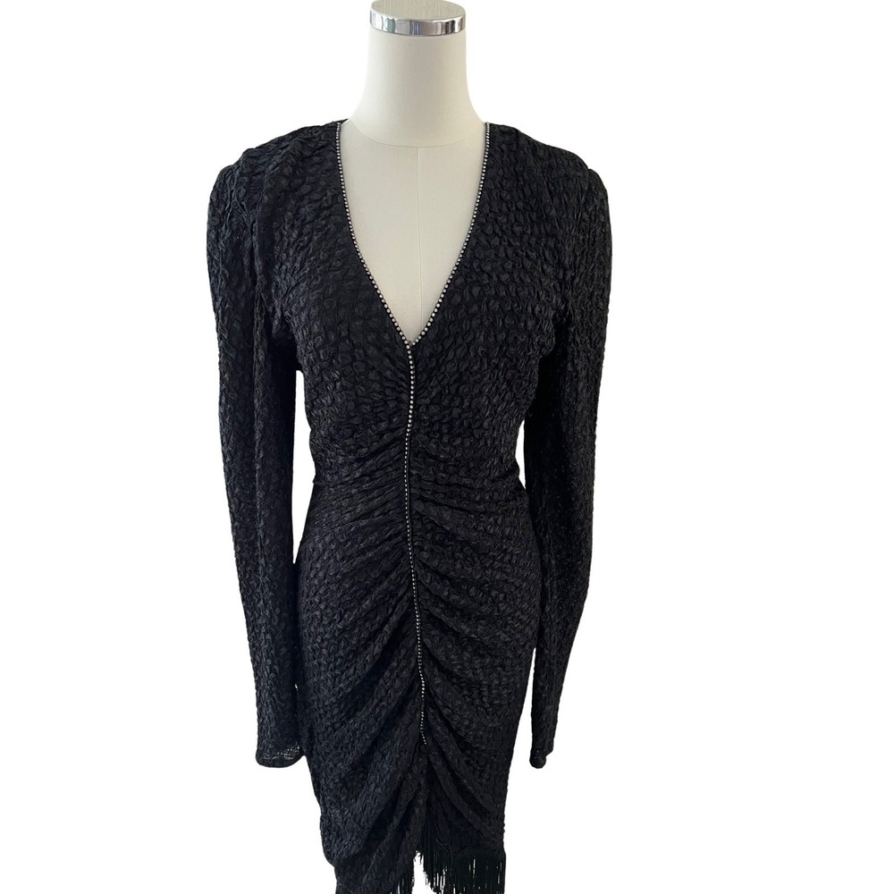 Joy Stevens Vintage Womens Size 8 Rhinestone Black Ruched Dress Open Back Fringe